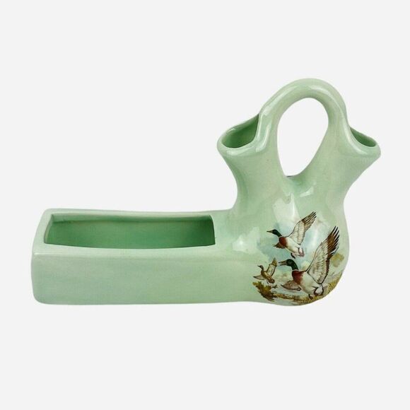 RARE VTG Green Double Opening Spout Bud Vase Planter Geese Mallard Duck Signed - Picture 2 of 11